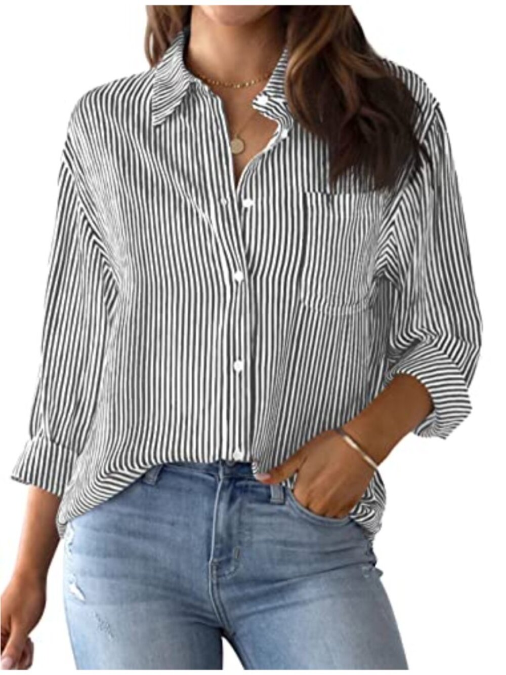Women's Striped Long Sleeve Button Down Cotton Blouse Office Top with Pocket